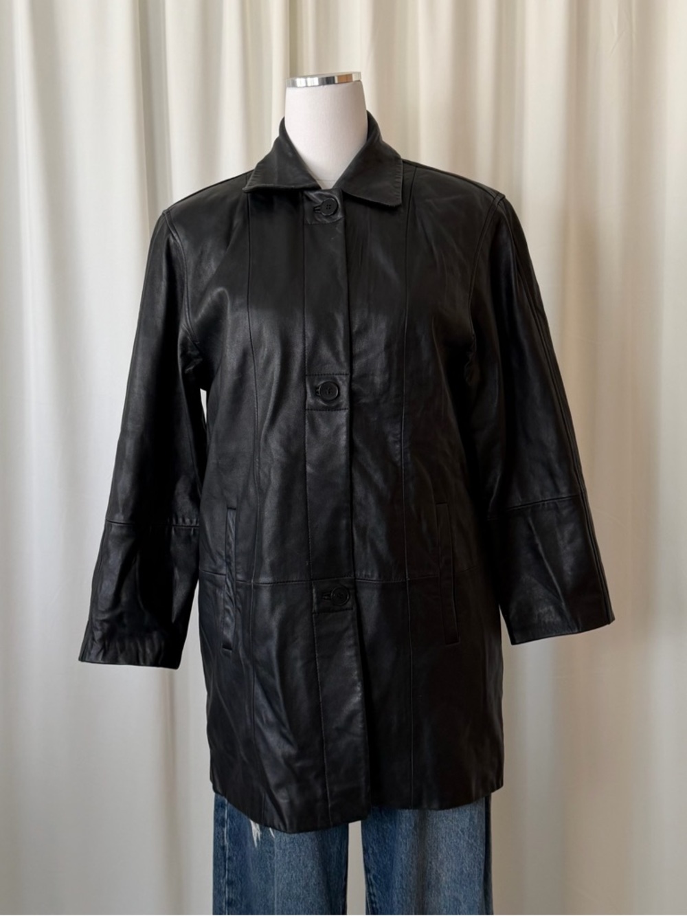 Vintage 2000s Anne Klein Leather Jacket Black Small Minimalist. - Picture 2 of 14